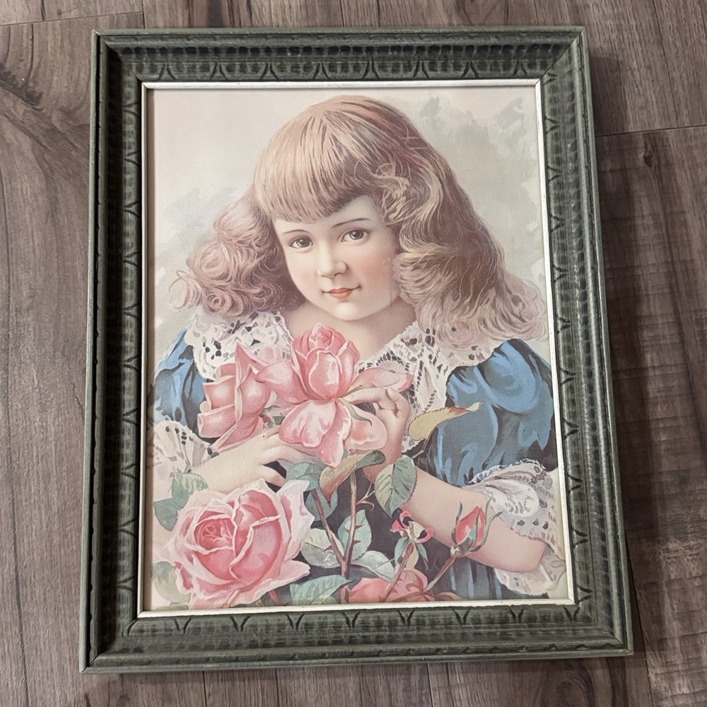 "Which Is Sweeter?" Framed Picture Vintage Girl Rose Garden 80s Lithograph Print